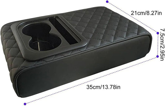 Car Armrest Cushion with Cup Holder PU Leather Black