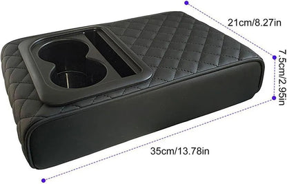 Car Armrest Cushion with Cup Holder PU Leather Black