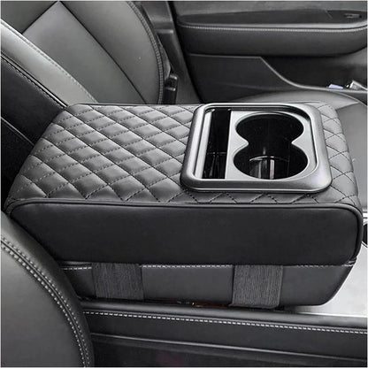 Car Armrest Cushion with Cup Holder PU Leather Black
